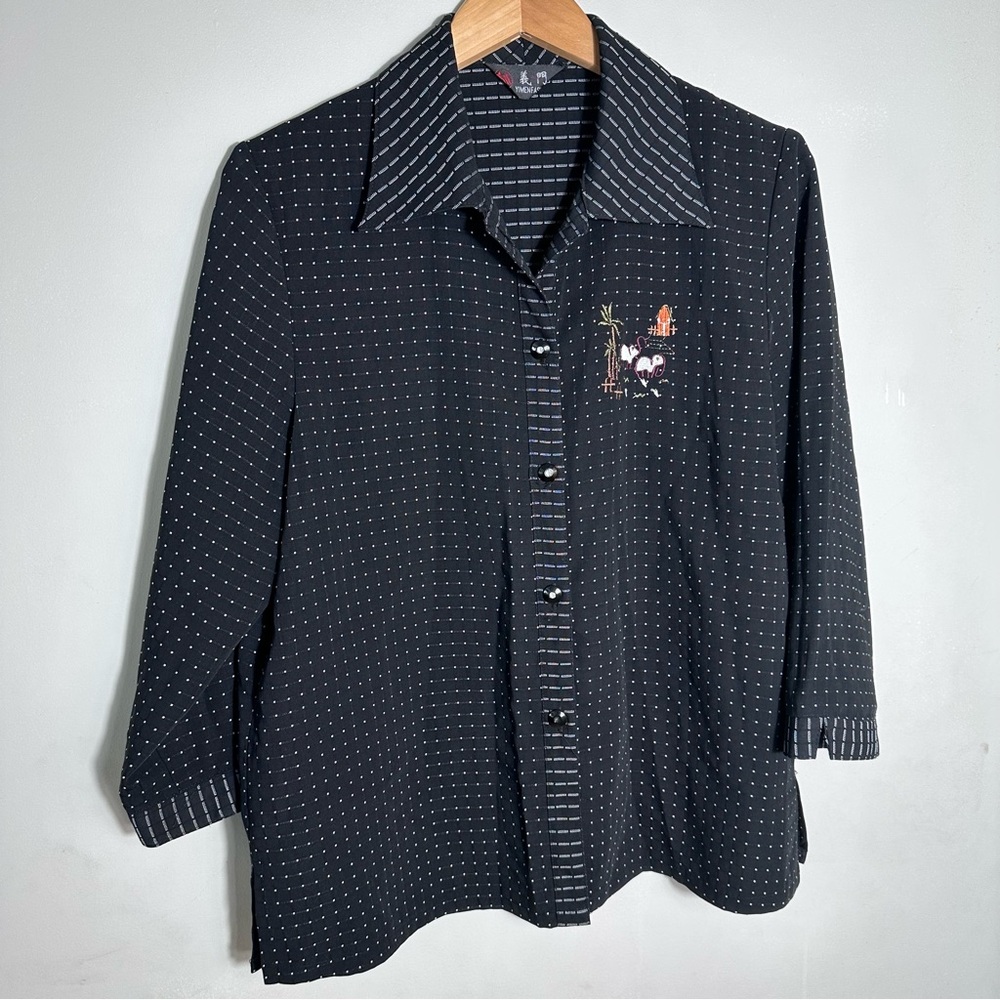 Black Polka Dot Button-Up Blouse with Embroidered Detail
